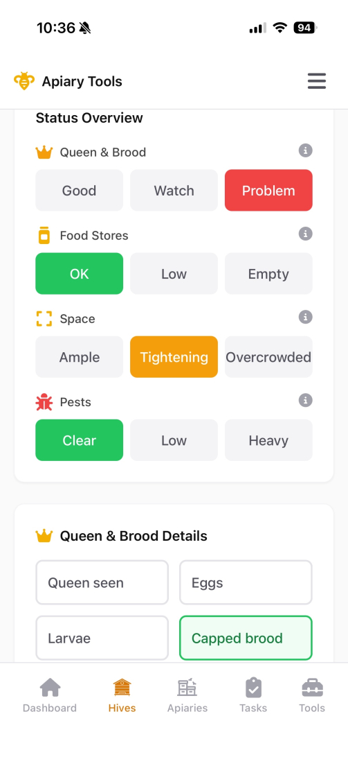 Apiary Tools app showing a hive inspection